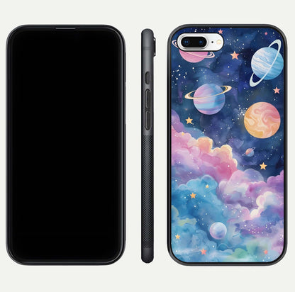 Cosmic Planet Dreams Glass Case for iPhone 7 Plus dual-view layout displaying galaxy colors and curved finish