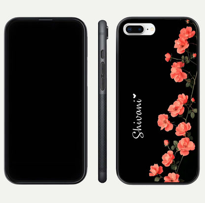 Crimson Bloom Grace Custom Name Glass Case for iPhone 7 Plus dual-view layout displaying custom text and smooth curved edges