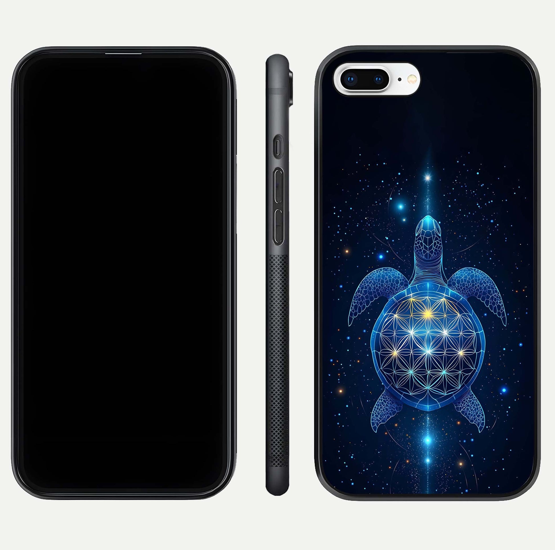 Crimson Blue Turtle Glass Case for iPhone 7 Plus dual-view layout displaying ocean tones and HD finish