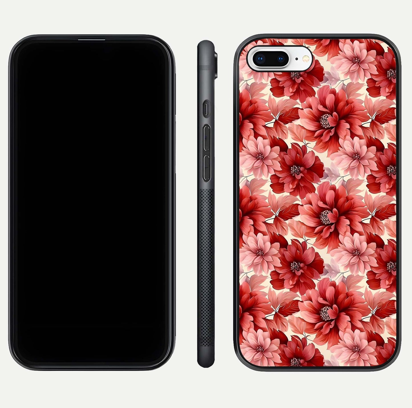 Crimson Love Petals Glass Case for iPhone 7 Plus dual-view layout displaying floral charm and curved glass