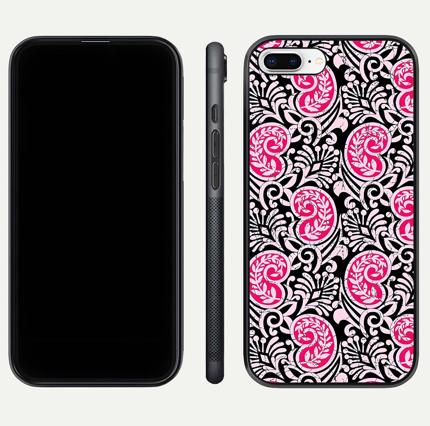 Crimson Paisley Charm Glass Case for iPhone 7 Plus dual-view layout displaying HD print and curved polish