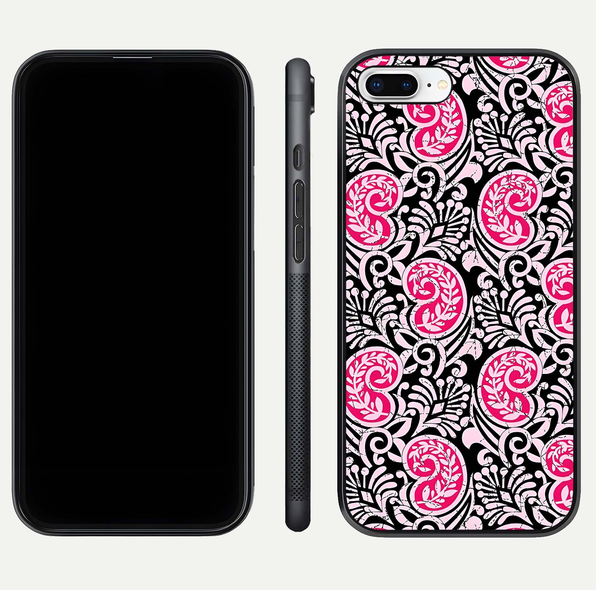 Crimson Paisley Charm Glass Case for iPhone 7 Plus dual-view layout displaying HD print and curved polish