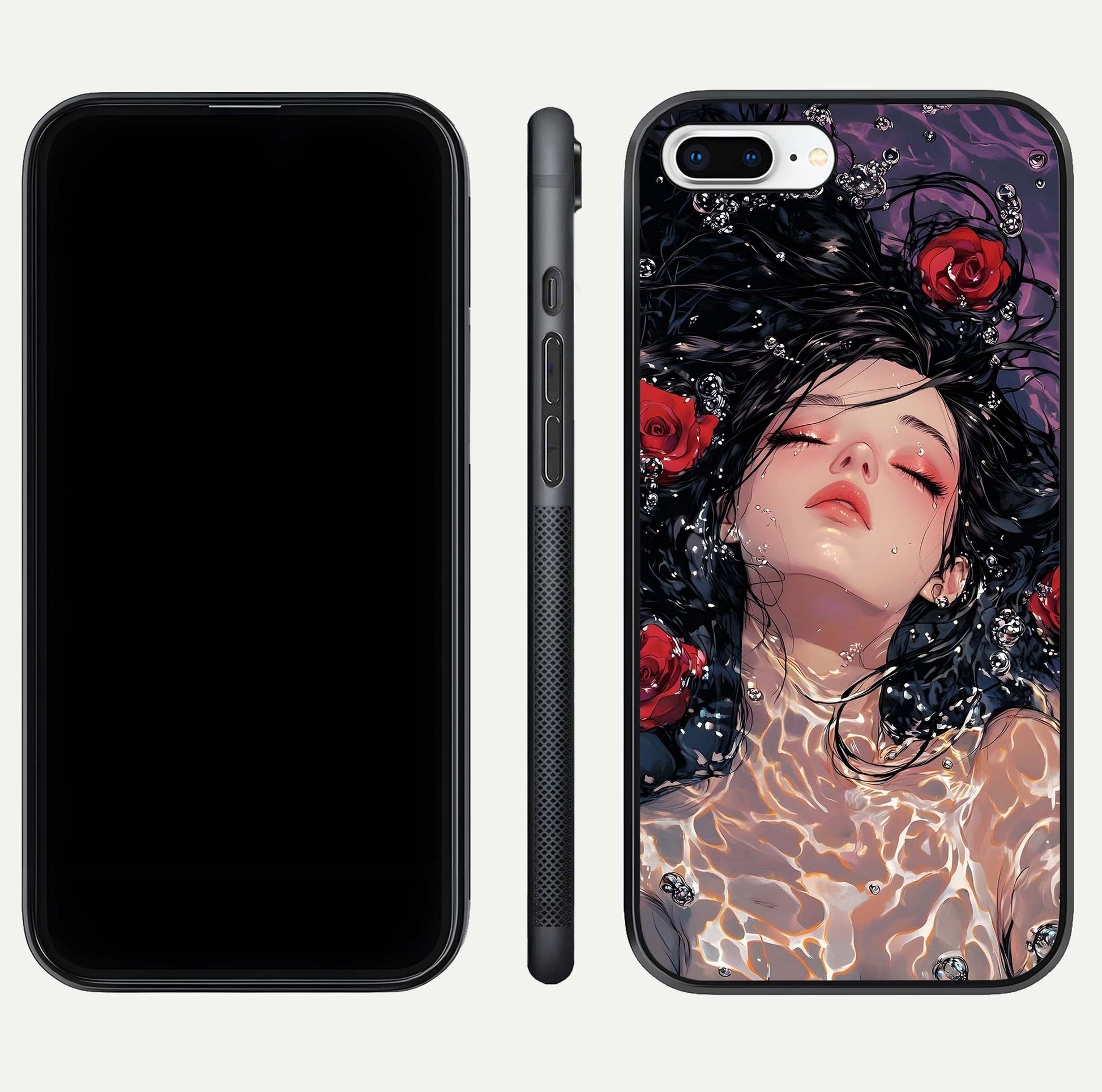 Crimson Rose Serenity Glass Case for iPhone 7 Plus dual-view layout displaying serenity tones and curved glass