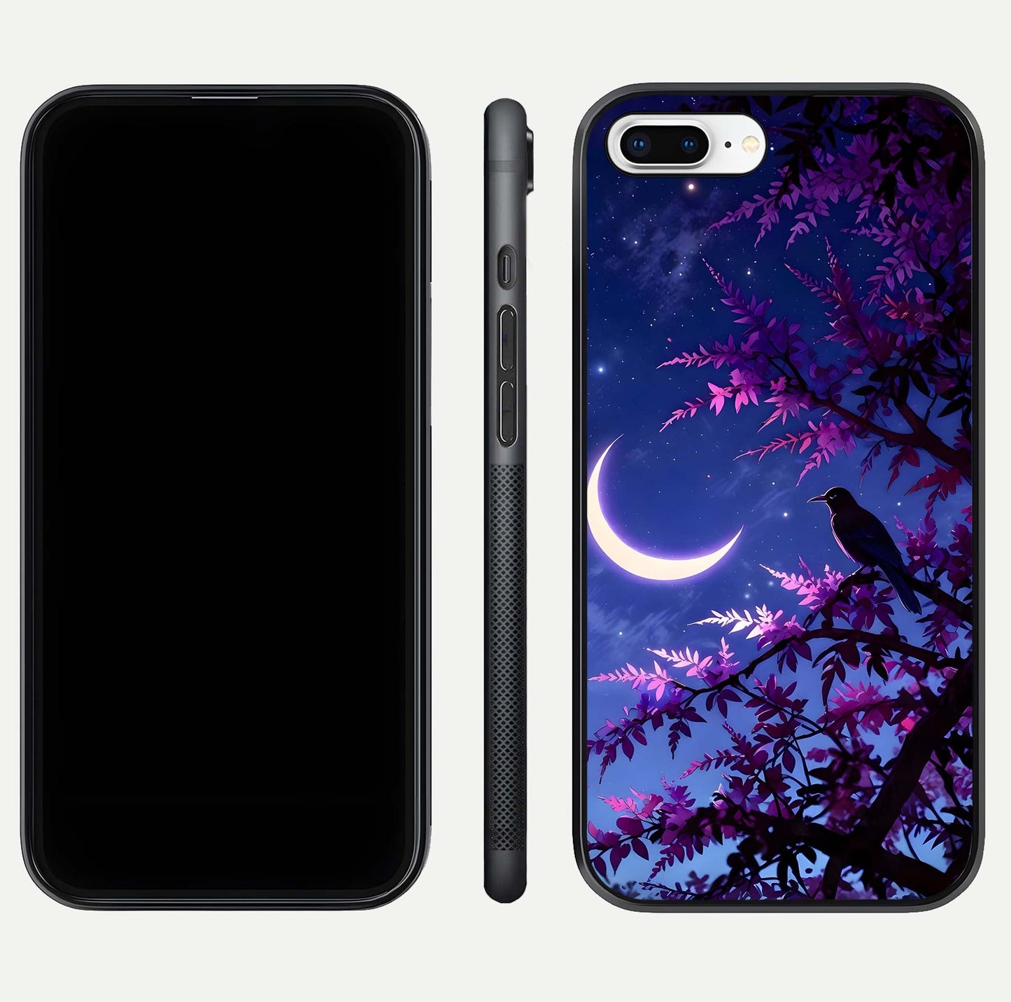 Crow & Moon Scenery Glass Case for iPhone 7 Plus dual-view layout displaying night sky art and curved glass edges