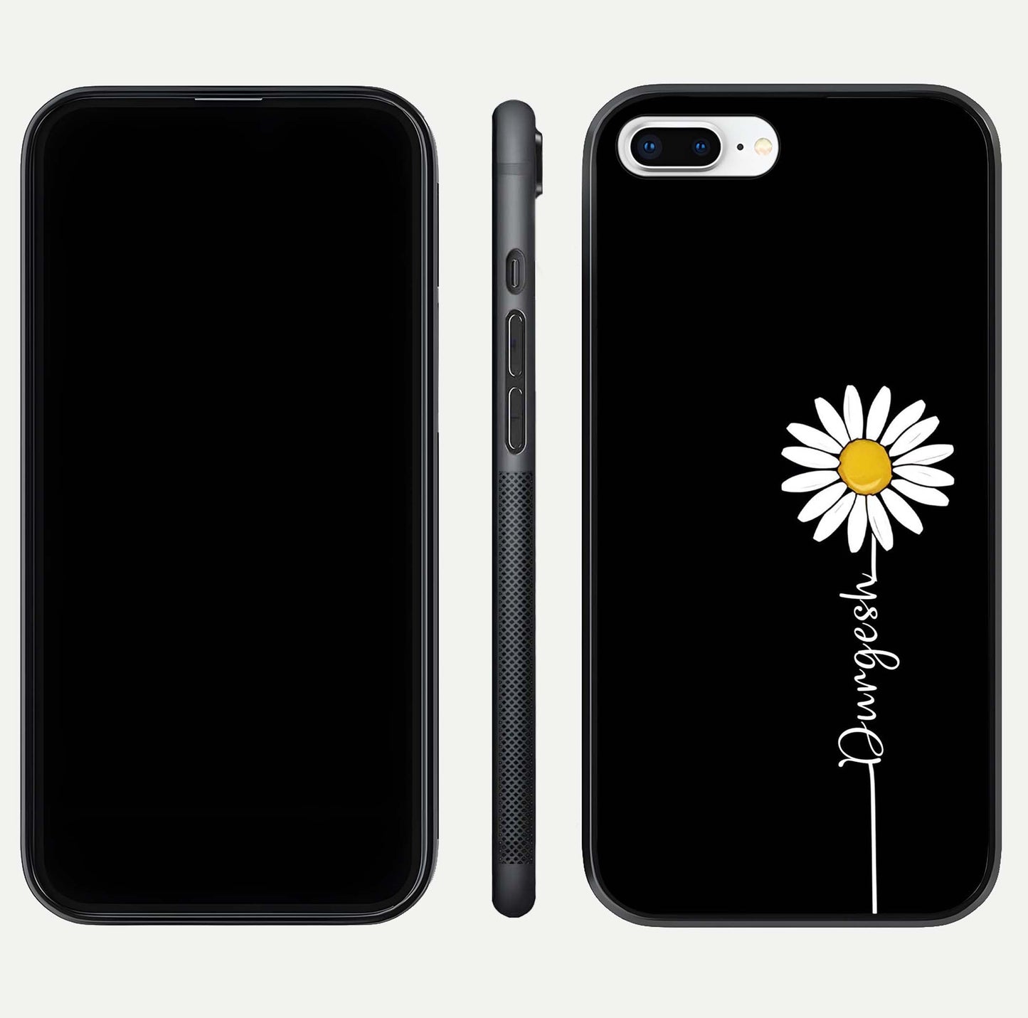 Custom Name White Flower Glass Case for iPhone 7 Plus dual-view layout showing elegant floral tone and curved edge finish