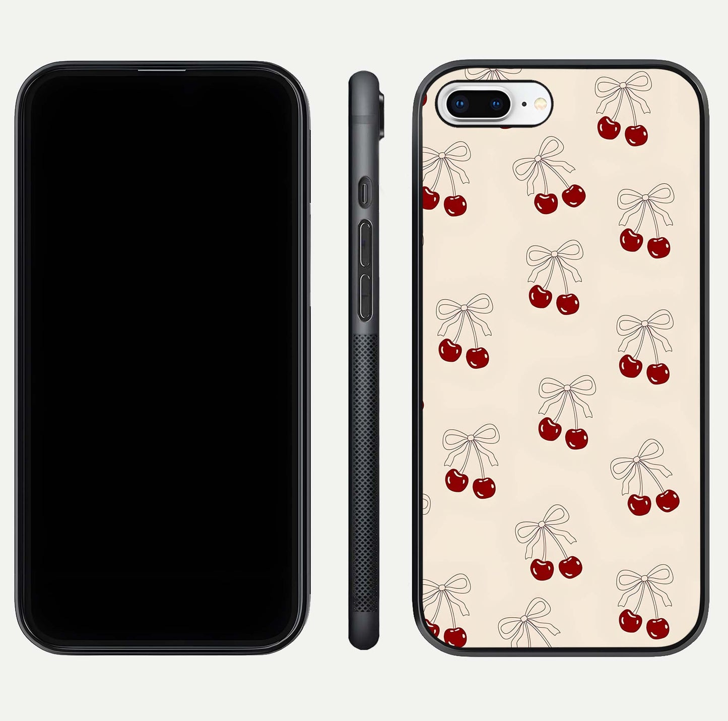 Cute Cherry Pattern Glass Case for iPhone 7 Plus dual-view layout displaying aesthetic fruit print and smooth edges