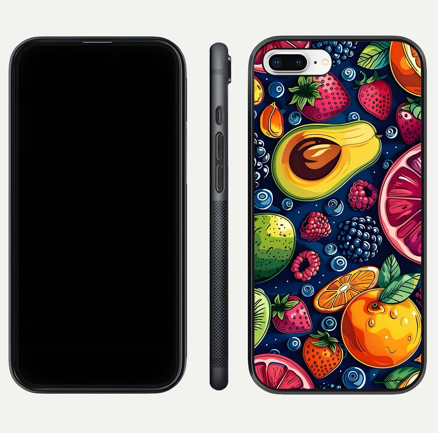 Cute Fruits Art Glass Case for iPhone 7 Plus dual-view layout displaying playful tones and curved design