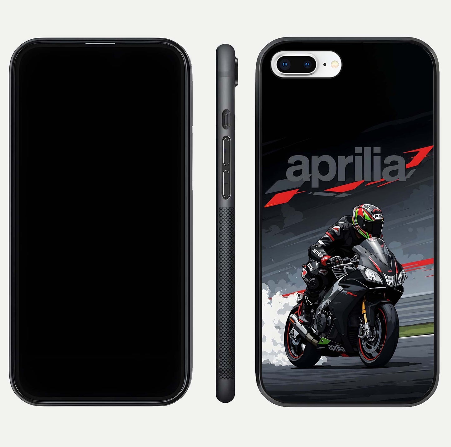 Dark Aprilla Glass Case for iPhone 7 Plus dual-view layout displaying sleek racing look and HD shine