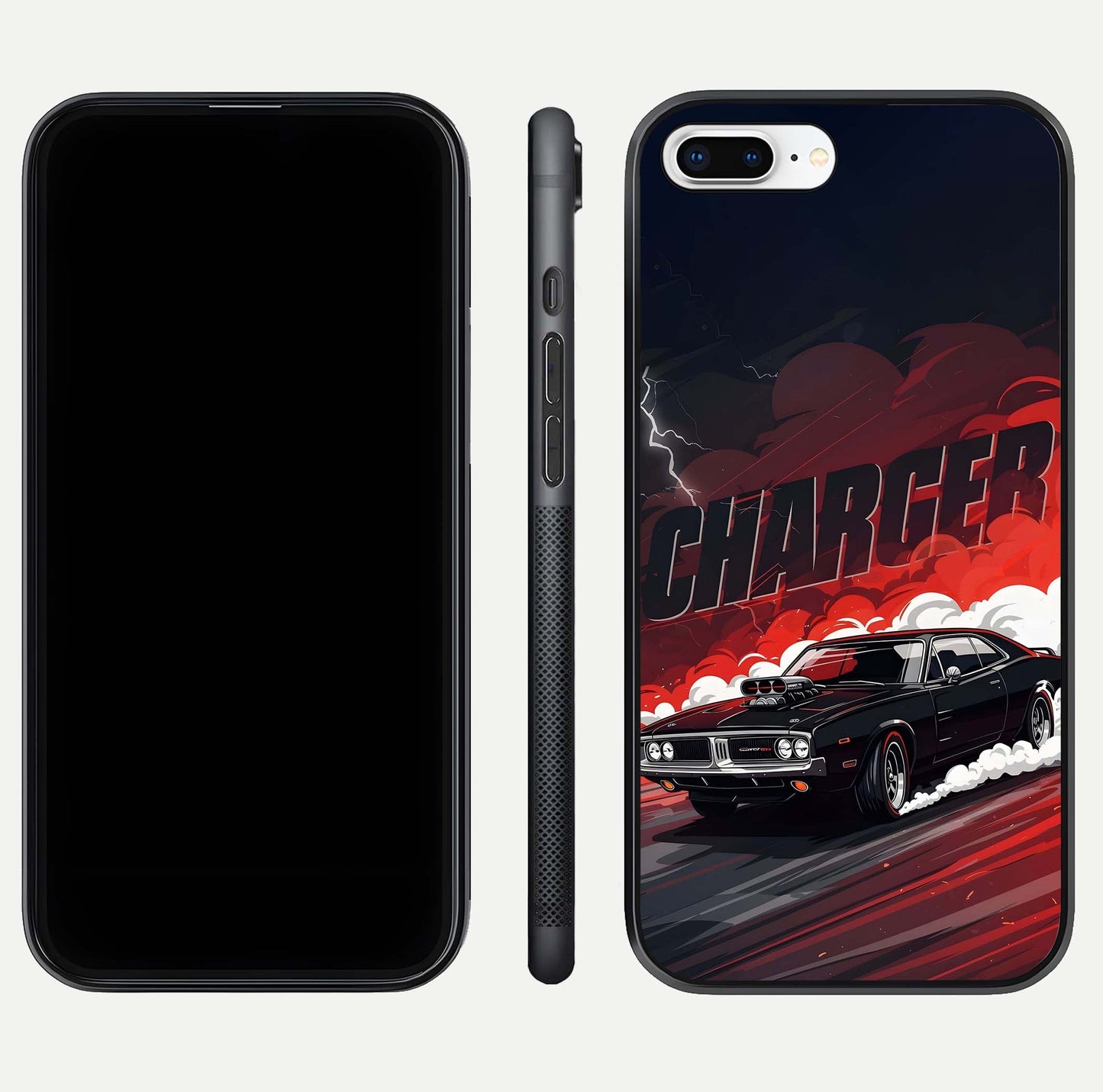 Dark Charger Fury Glass Case for iPhone 7 Plus dual-view layout displaying HD design and polished edges