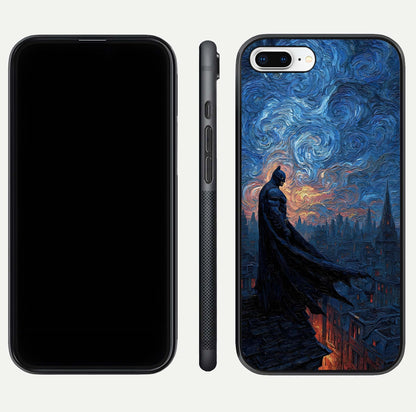 Dark Knight Dusk Glass Case for iPhone 7 Plus dual-view layout displaying HD hero print and curved glass edges