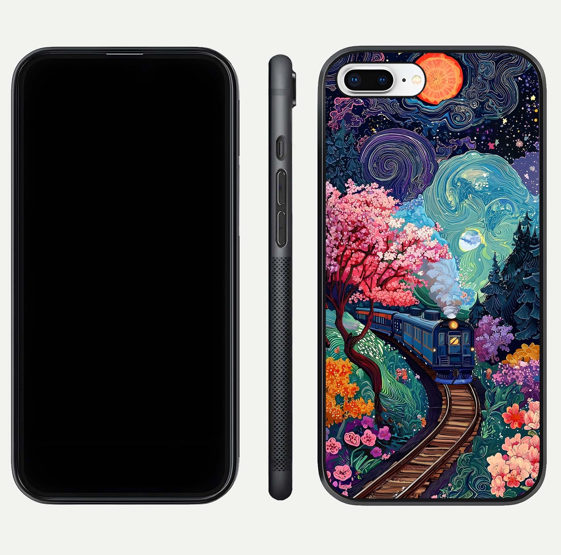 Digital Art Glass Case for iPhone 7 Plus dual-view layout displaying artistic tones and curved glass edge