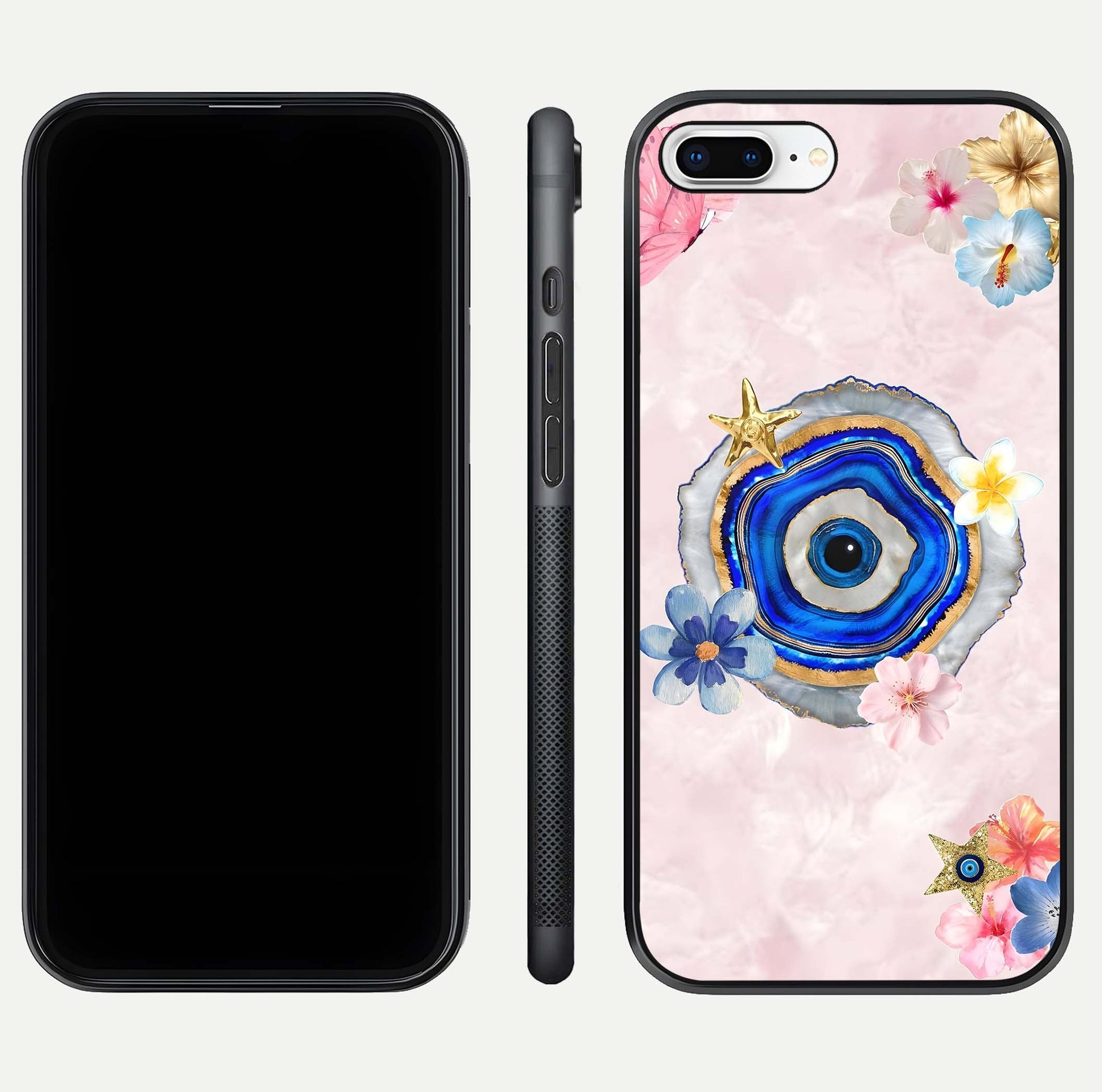 Divine Aura Bloom Glass Case for iPhone 7 Plus dual-view layout displaying divine color tones and smooth edges