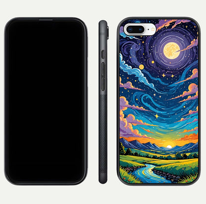 Dreamy Night Landscape Glass Case for iPhone 7 Plus dual-view layout displaying HD print and curved glass edges