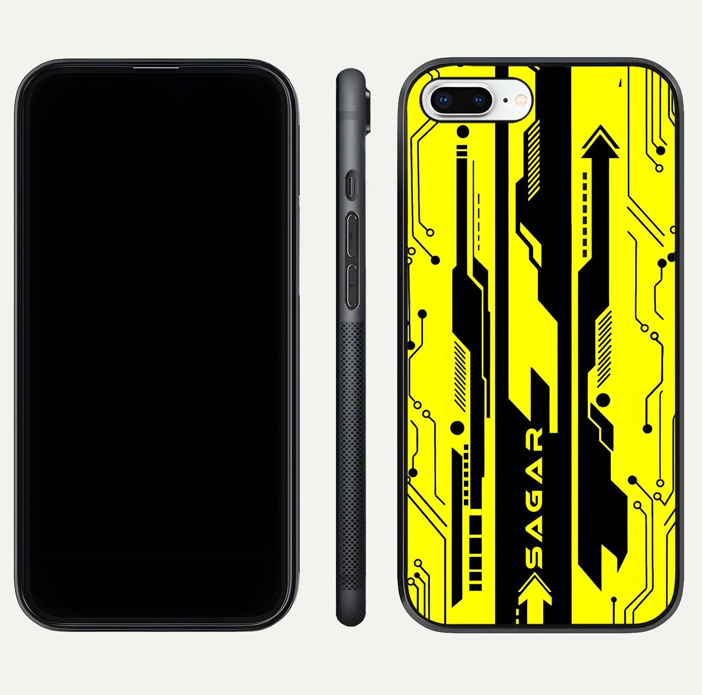 Electric Pulse CYBERPUNK Custom Name Glass Case for iPhone 7 Plus dual-view layout displaying futuristic hues and curved glass edges