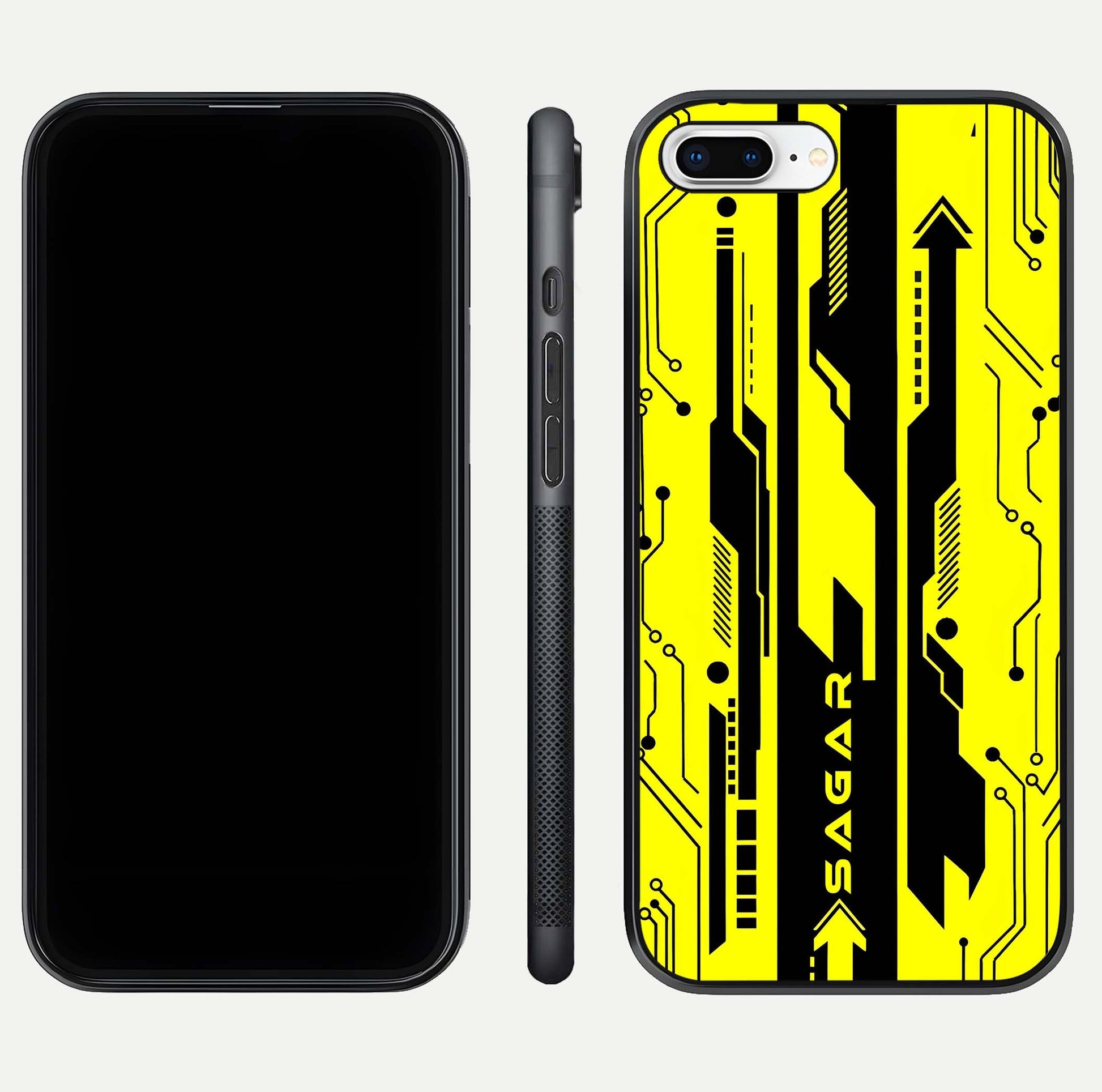 Electric Pulse CYBERPUNK Custom Name Glass Case for iPhone 7 Plus dual-view layout displaying futuristic hues and curved glass edges