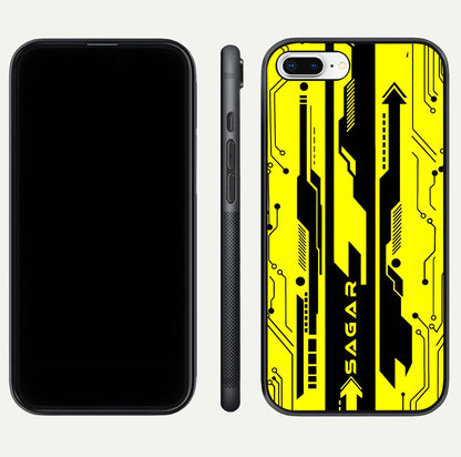 Electric Pulse CYBERPUNK Custom Name Glass Case for iPhone 7 Plus dual-view layout displaying futuristic hues and curved glass edges