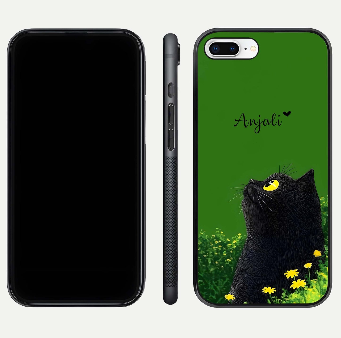 Emerald Cat Custom Name Glass Case for iPhone 7 Plus dual-view layout displaying artistic tones and smooth curves