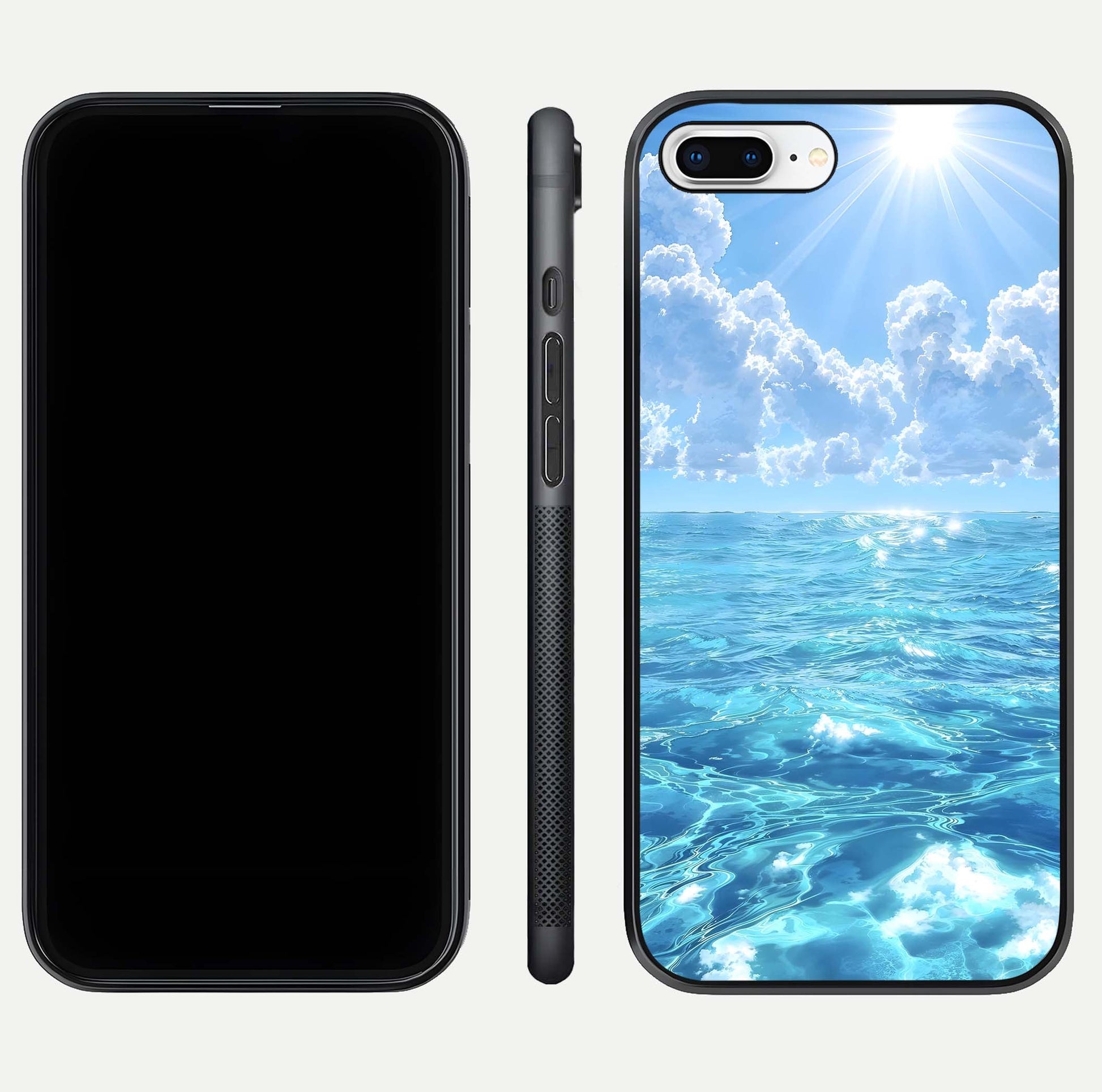 Endless Ocean Horizon Glass Case for iPhone 7 Plus dual-view layout displaying calm seascape and curved edges