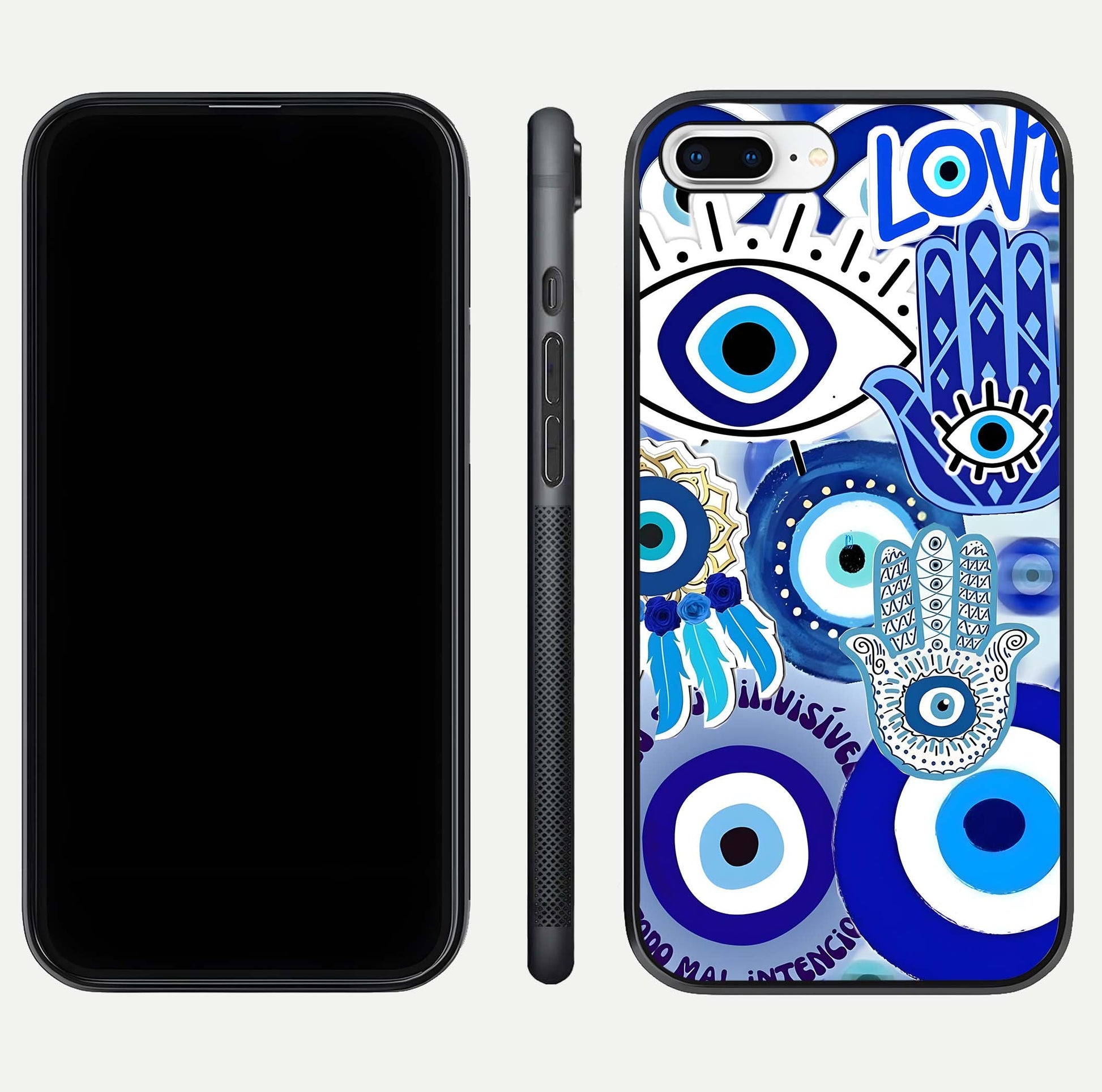 Evil Eyes Dream Glass Case for iPhone 7 Plus dual-view layout displaying spiritual motif and polished curved edge