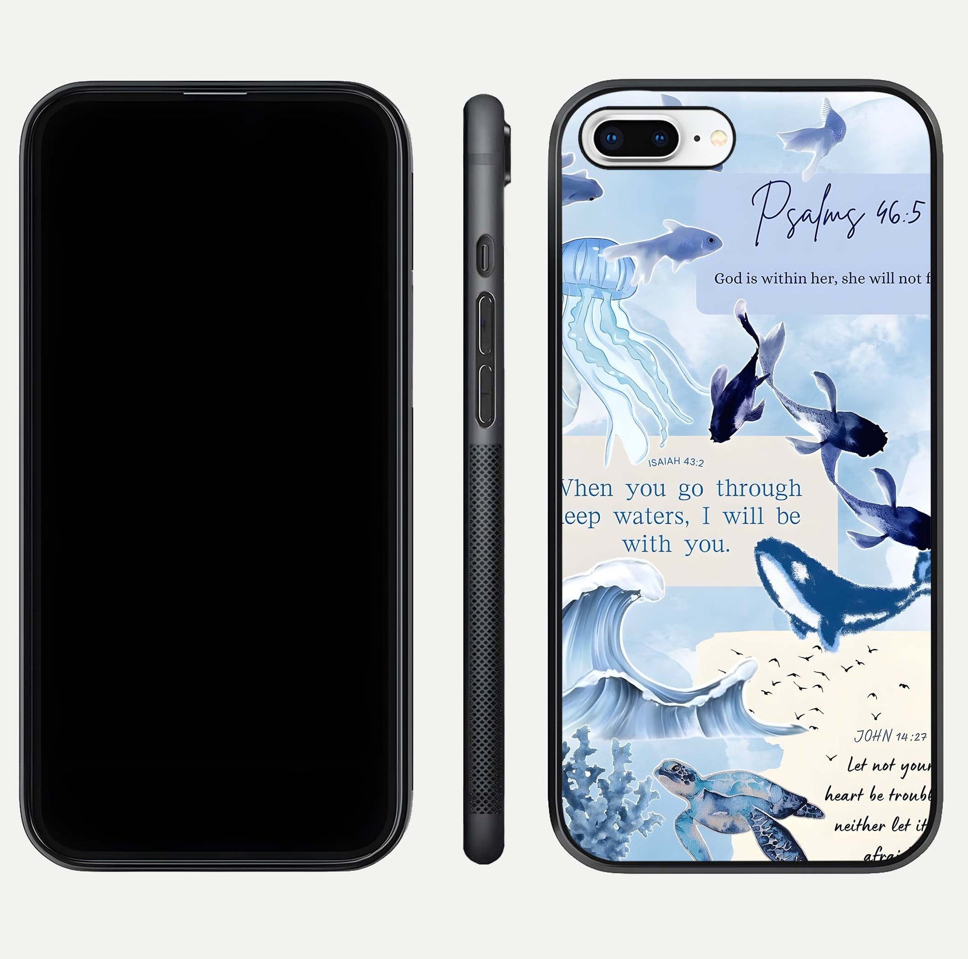 Faithful Ocean Promise Glass Case for iPhone 7 Plus dual-view layout showing sea horizon art and curved polish