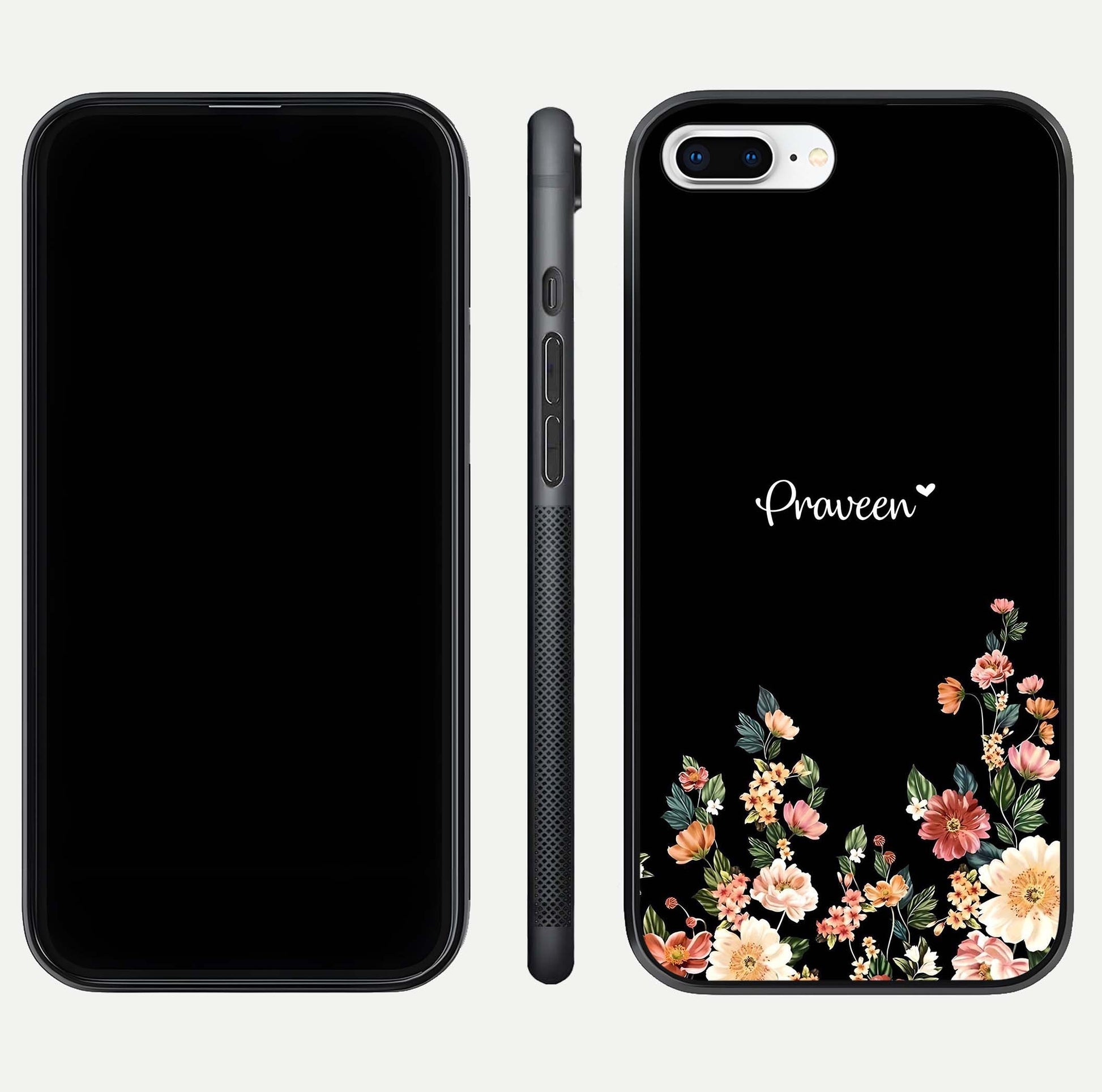 Floral Design Personalized Custom Name Glass Case for iPhone 7 Plus dual-view layout displaying artistic tones and curved finish