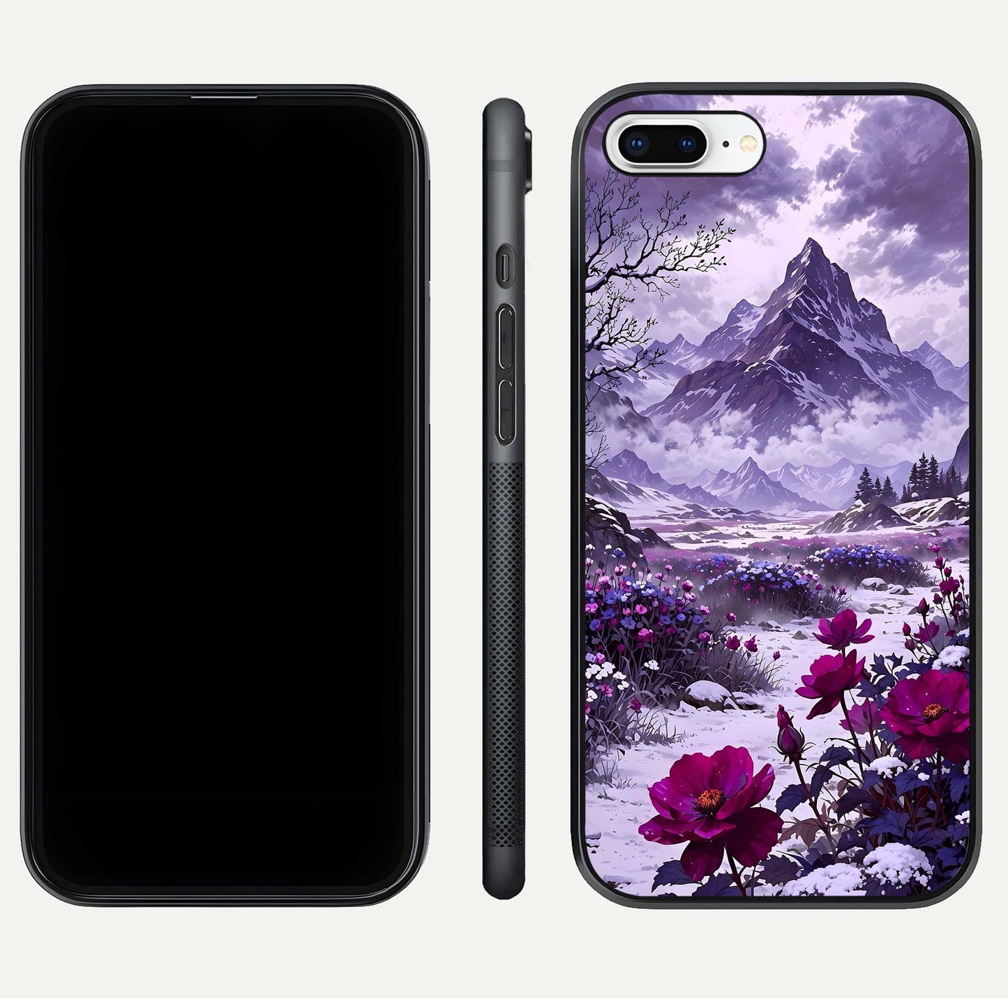 Flower Mountain View Glass Case for iPhone 7 Plus dual-view layout displaying scenic tones and curved glass finish