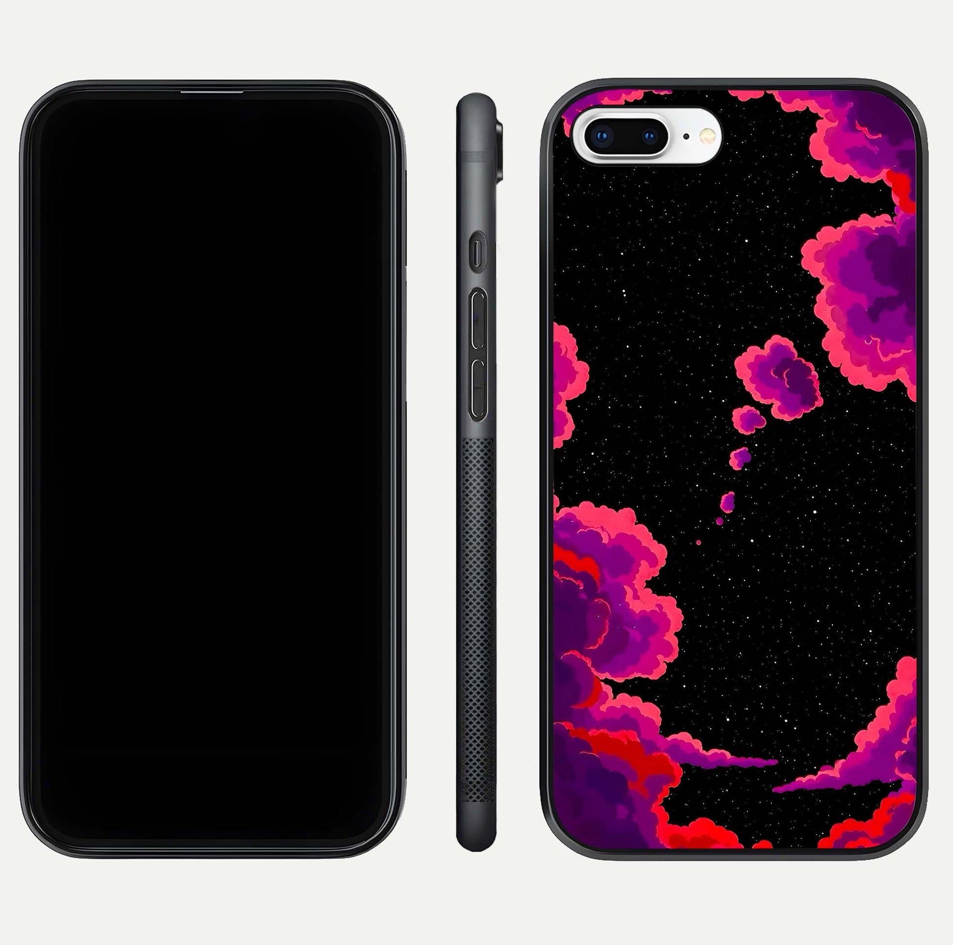 Galaxy Dream Frame Glass Case for iPhone 7 Plus front and back view layout highlighting cosmic design and smooth glass curvature