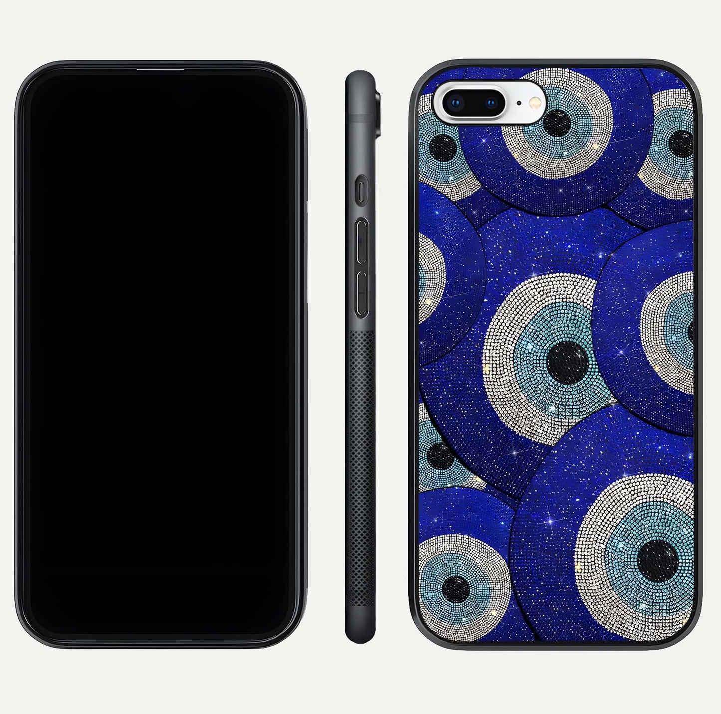 Galaxy Eye Flow Glass Case for iPhone 7 Plus front and back view layout displaying cosmic art and curved glass borders