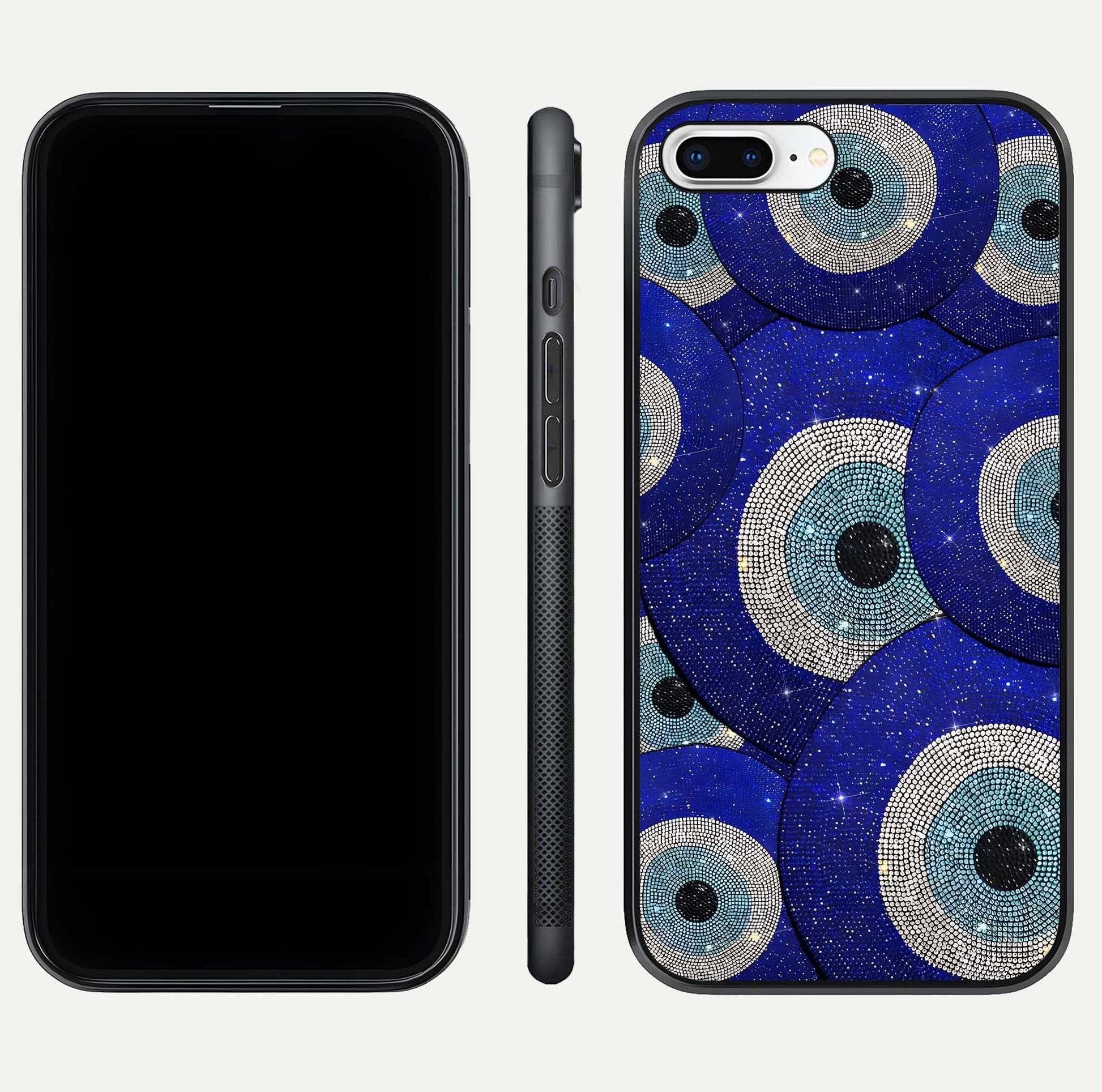 Galaxy Eye Flow Glass Case for iPhone 7 Plus front and back view layout displaying cosmic art and curved glass borders