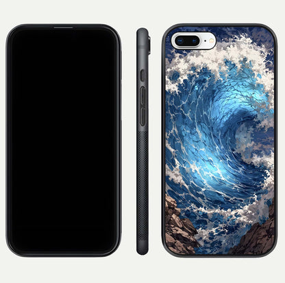 Giant Ocean Wave Glass Case for iPhone 7 Plus front and back view layout displaying sea tones and smooth curved edges
