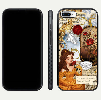 Golden Dream Belle Glass Case for iPhone 7 Plus front and back view layout displaying dreamy golden theme and smooth curvature