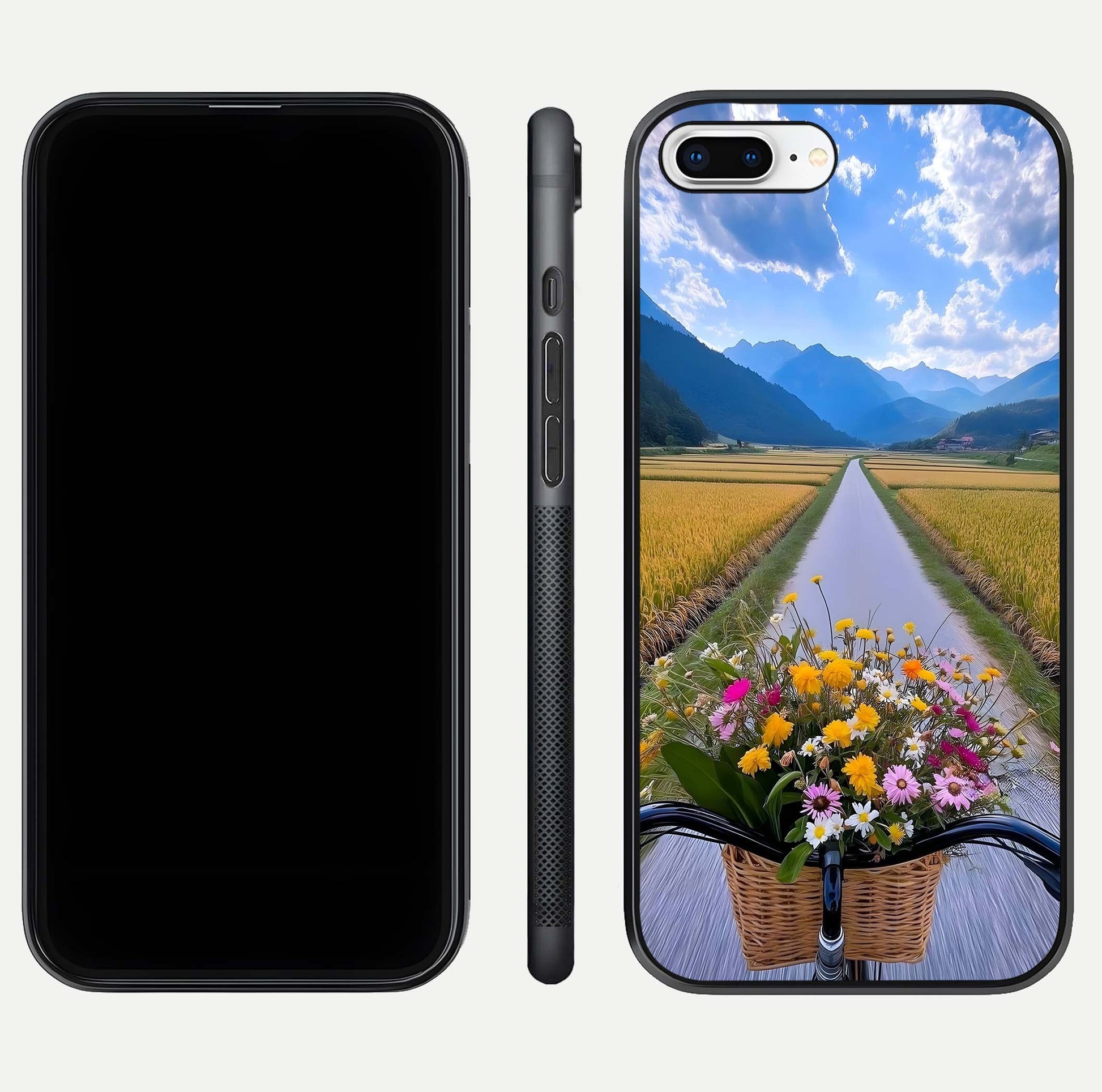 Golden Field Journey Glass Case for iPhone 7 Plus front and back view layout highlighting natural gradient and smooth glass finish