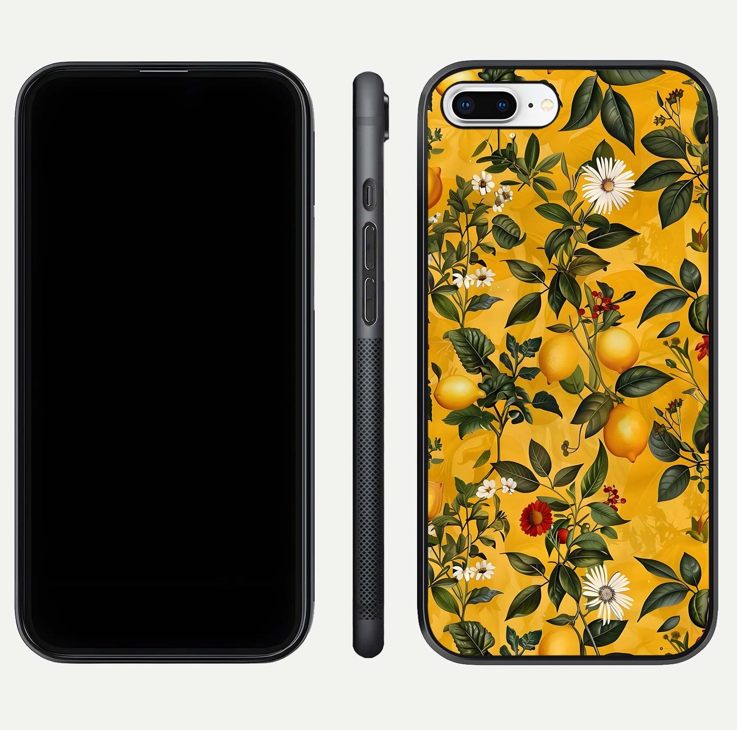 Golden Lemon Field Glass Case for iPhone 7 Plus front and back view layout highlighting fruity tones and curved glass edges
