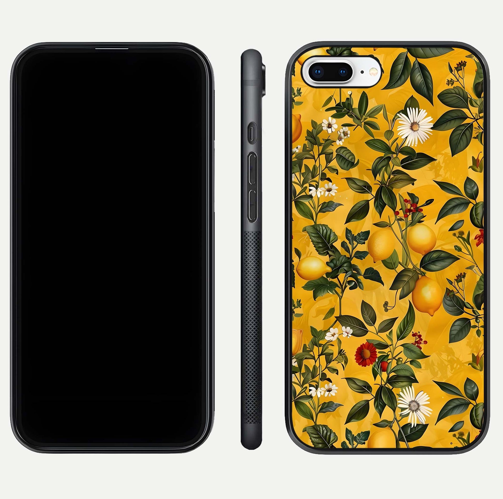 Golden Lemon Field Glass Case for iPhone 7 Plus front and back view layout highlighting fruity tones and curved glass edges