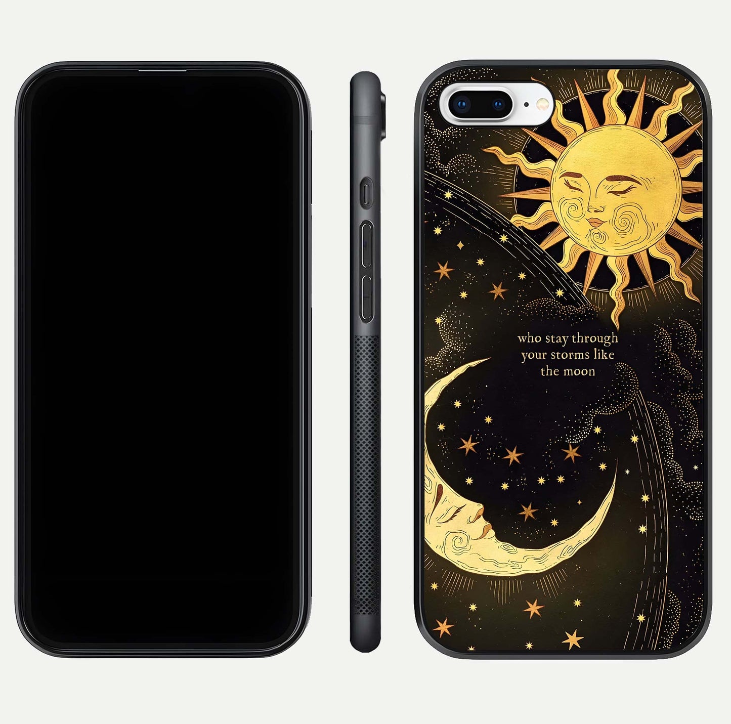 Golden Lunar Love Glass Case for iPhone 7 Plus front and back view layout highlighting celestial tones and curved edges