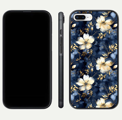 Golden Midnight Bloom Glass Case for iPhone 7 Plus front and back view layout highlighting dark-gold tones and smooth curves