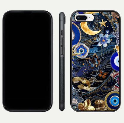 Golden Moon Magic Glass Case for iPhone 7 Plus front and back view layout highlighting celestial tones and curved glass