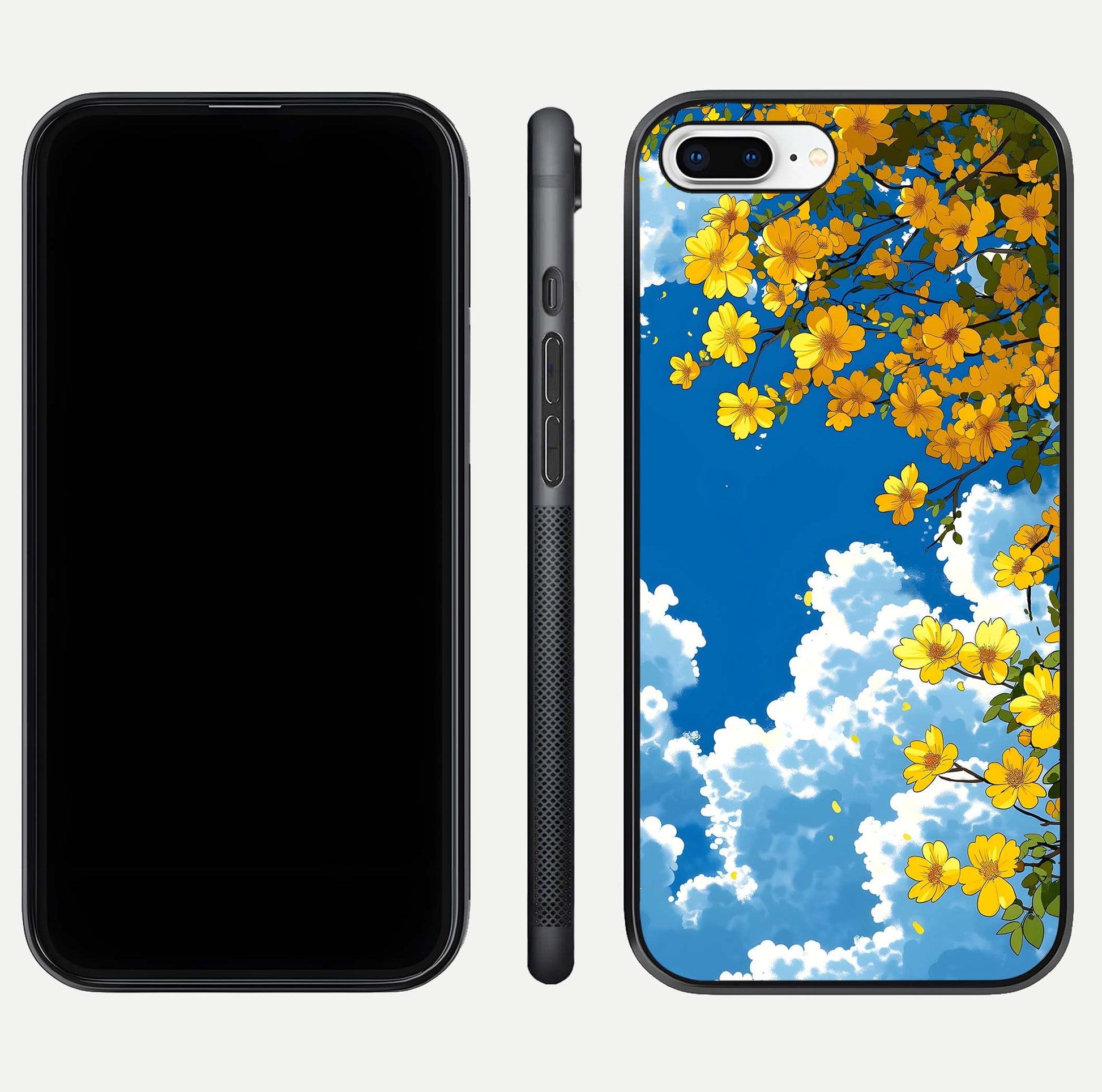 Golden Petal Sky Glass Case for iPhone 7 Plus front and back view layout highlighting floral pattern and curved glass edges