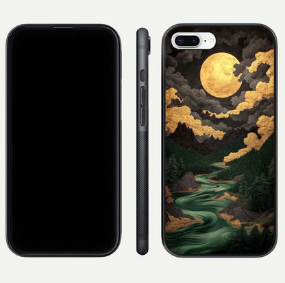 Golden River Moon Glass Case for iPhone 7 Plus front and back view layout displaying celestial glow and smooth curves