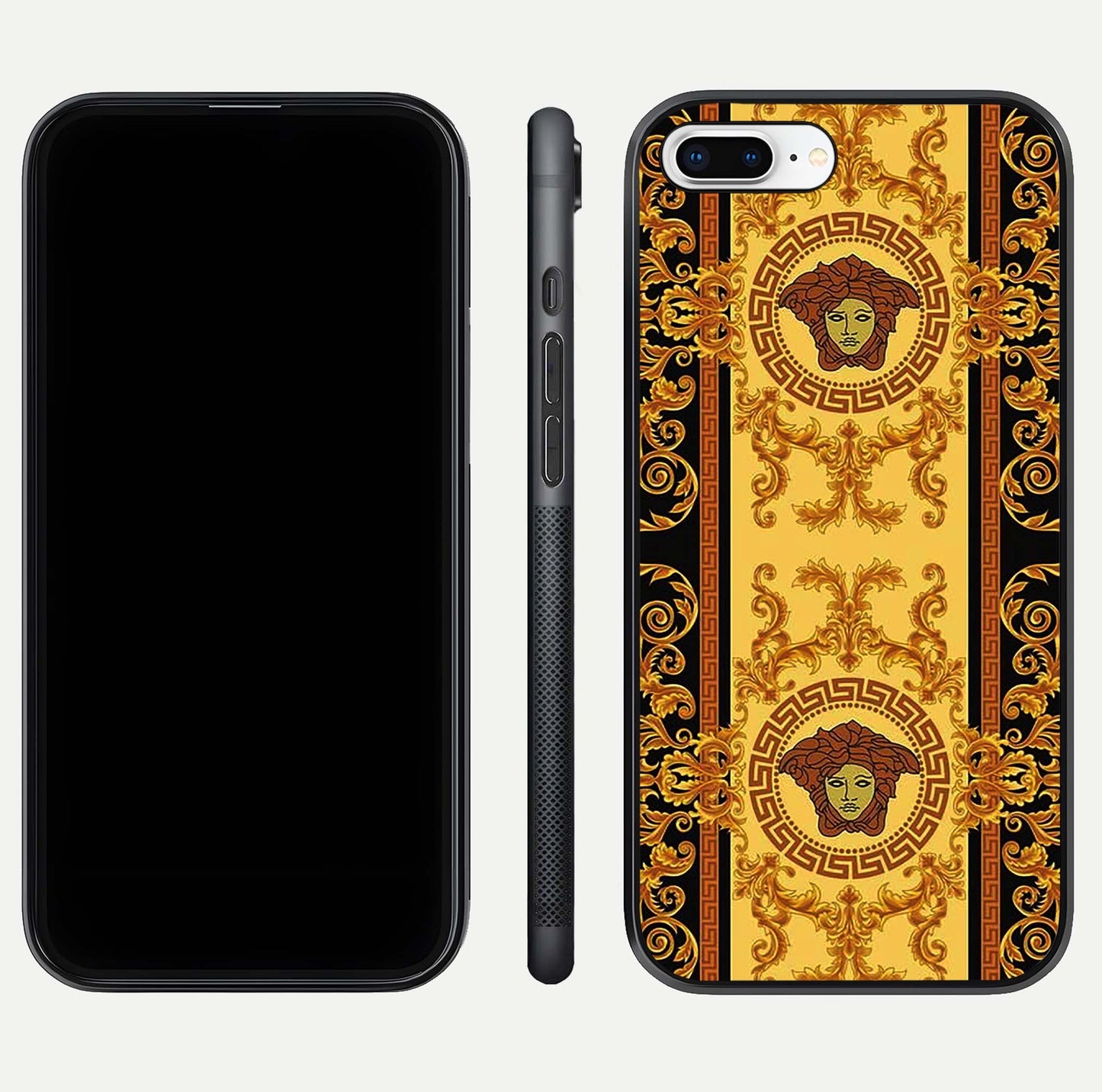Golden Royal Heritage Glass Case for iPhone 7 Plus front and back view layout displaying ornate gold texture and curved edges