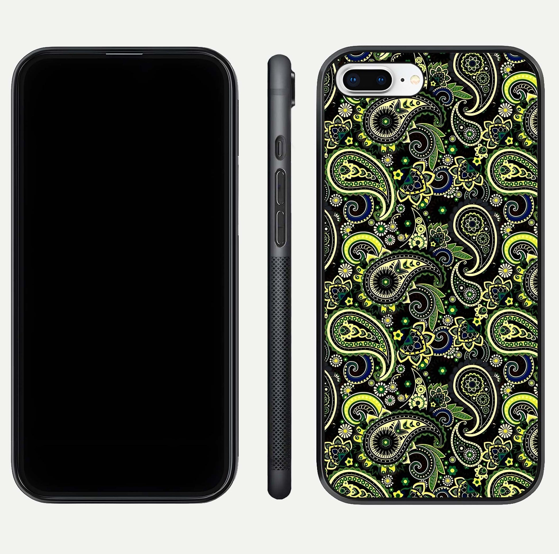Green Mandala Pattern Glass Case for iPhone 7 Plus front and back view layout highlighting geometric art and curved glass
