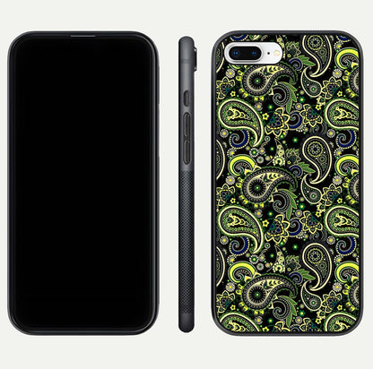 Green Mandala Pattern Glass Case for iPhone 7 Plus front and back view layout highlighting geometric art and curved glass