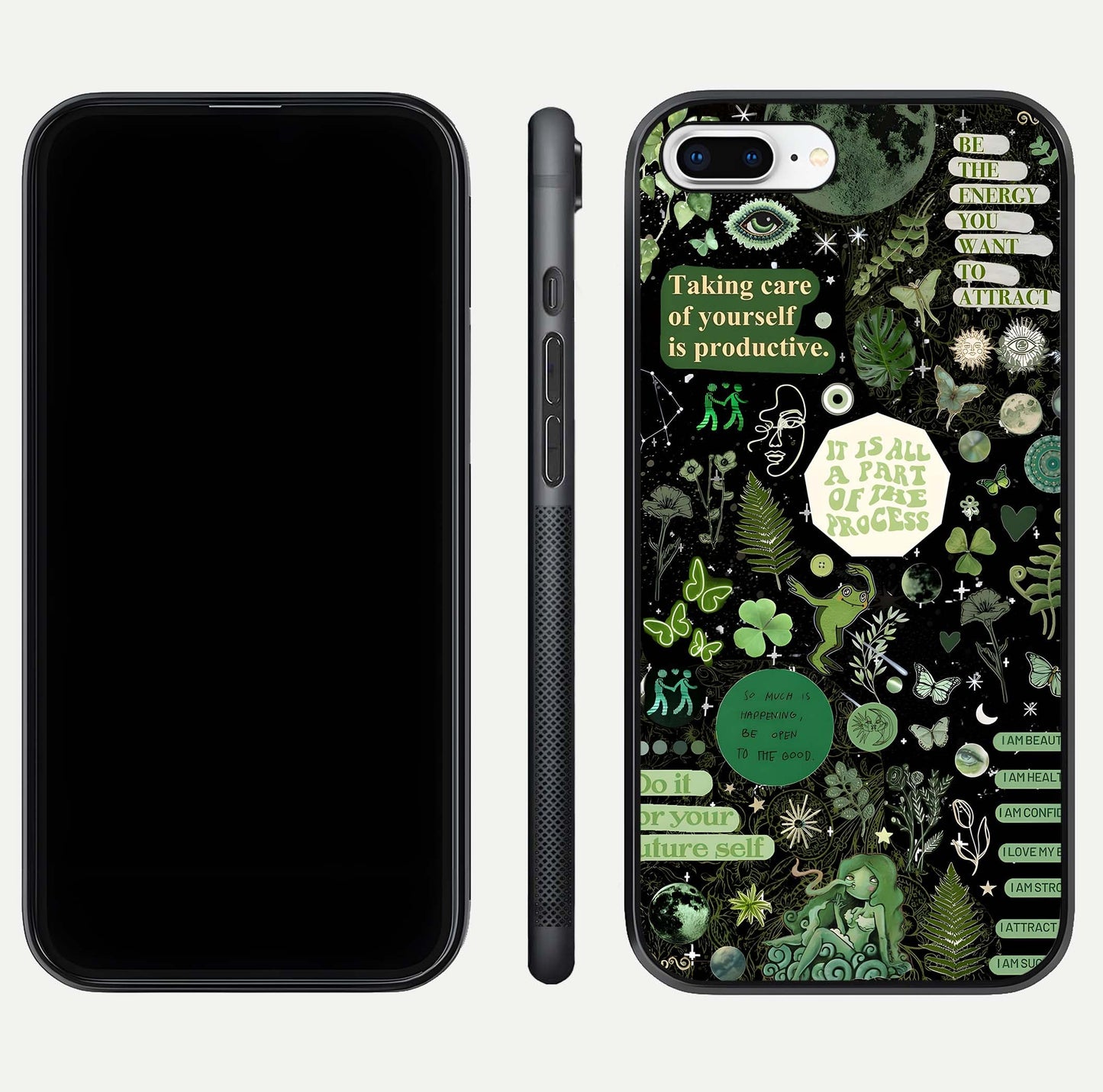 Green Moon Energy Glass Case for iPhone 7 Plus front and back view layout highlighting cosmic tones and smooth edges