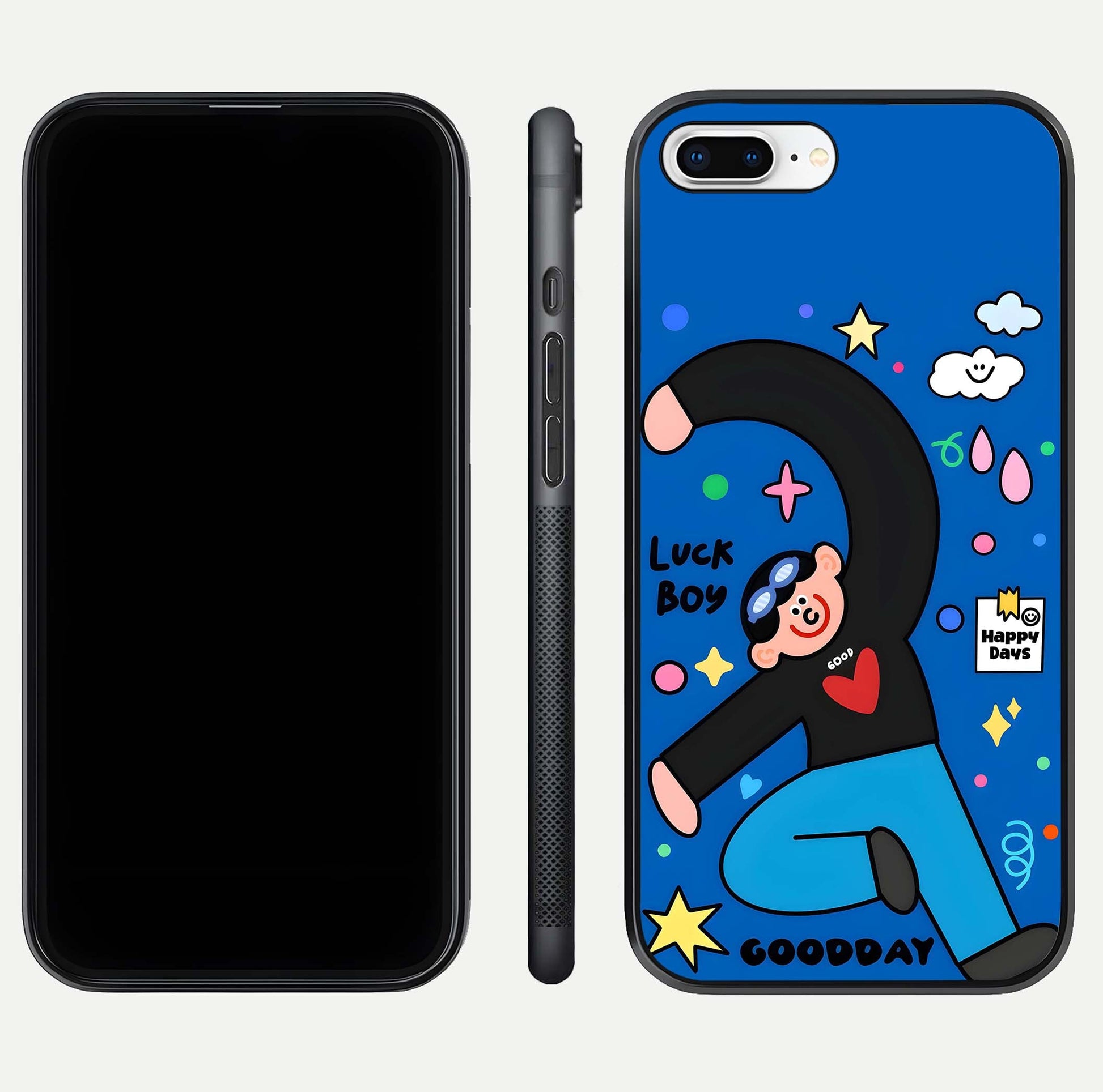 Happy Luck Vibe Glass Case for iPhone 7 Plus front and back view layout highlighting positive motif and curved edges