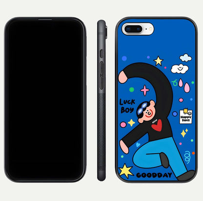 Happy Luck Vibe Glass Case for iPhone 7 Plus front and back view layout highlighting positive motif and curved edges
