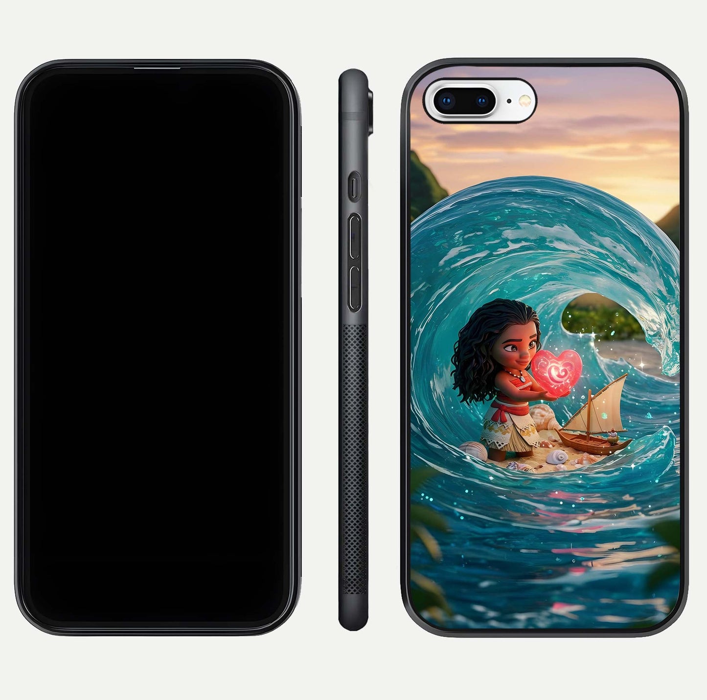 Heart of Ocean Glass Case for iPhone 7 Plus front and back view layout highlighting sea-themed art and curved glass edges