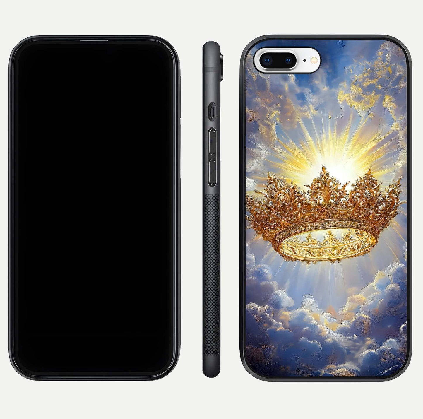 Heavenly Crown Light Glass Case for iPhone 7 Plus front and back view layout highlighting golden aura tones and curved glass edges