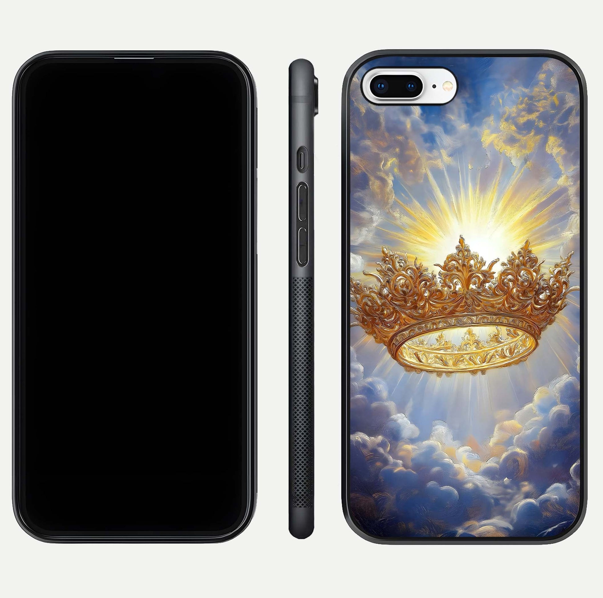 Heavenly Crown Light Glass Case for iPhone 7 Plus front and back view layout highlighting golden aura tones and curved glass edges