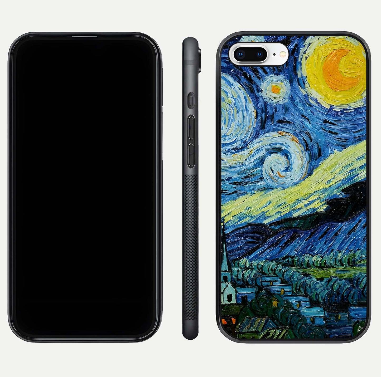 Inspired Van Gogh Art Glass Case for iPhone 7 Plus front and back view layout displaying vivid color tones and curved glass edges