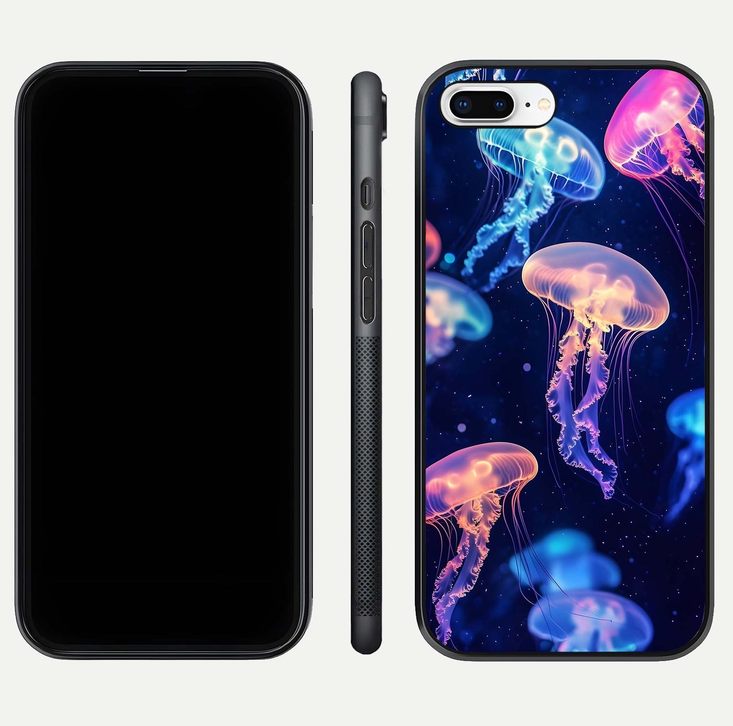 Jellyfish Pattern Glass Case for iPhone 7 Plus front and back view layout highlighting aquatic tones and curved edges